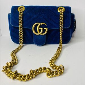 GUCCI Cobalt blue GG MARMONT  VELVET Shoulder Bag Small